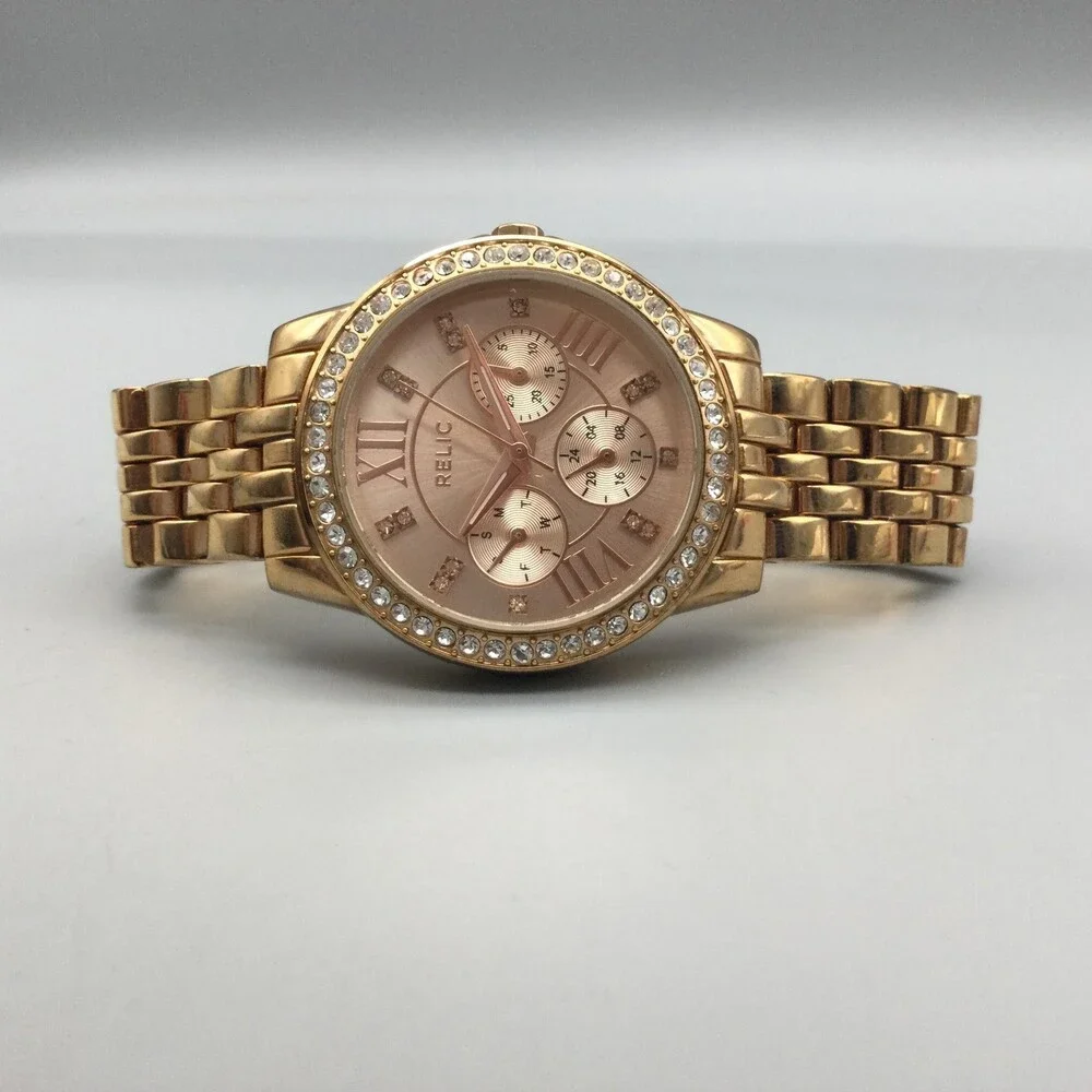 Relic Womens Watch 35mm Rose Gold Dial Crystal Bezel Gold Tone New Battery 6.5